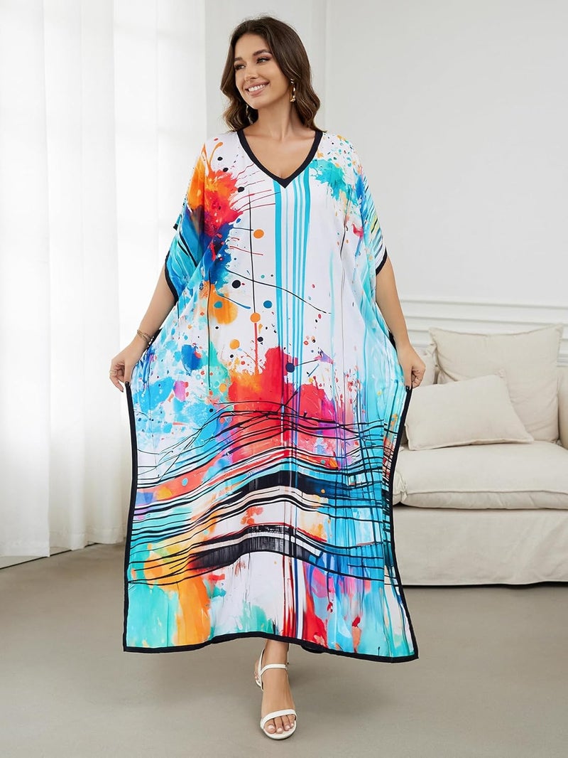 IMAGEKOPE Women's Plus Size Loose Fit Moroccan Print V-Neck Batwing Kaftan Beach Dress Bathing Suit Cover Up - Image 3